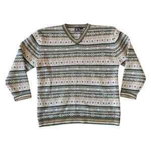 Vintage Maurices Green V Neck Striped Nordic Fair Isle Shetland Wool Sweater L